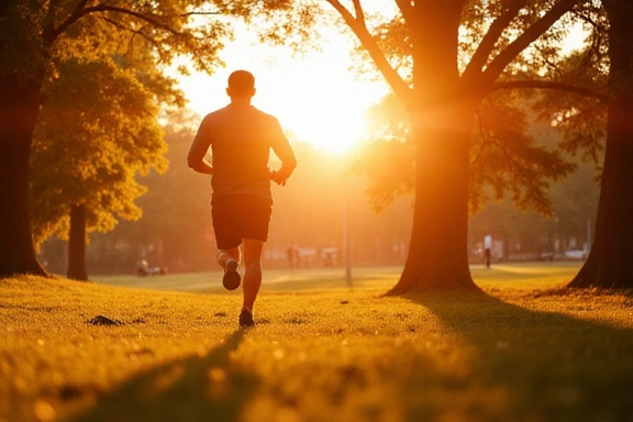 A person jogging outdoors in a park during sunrise, symbolizing an active and healthy lifestyle.