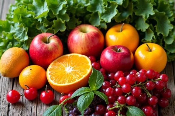 Various fresh, colorful fruits and vegetables artfully arranged on a rustic wooden table, representing healthy food choices.